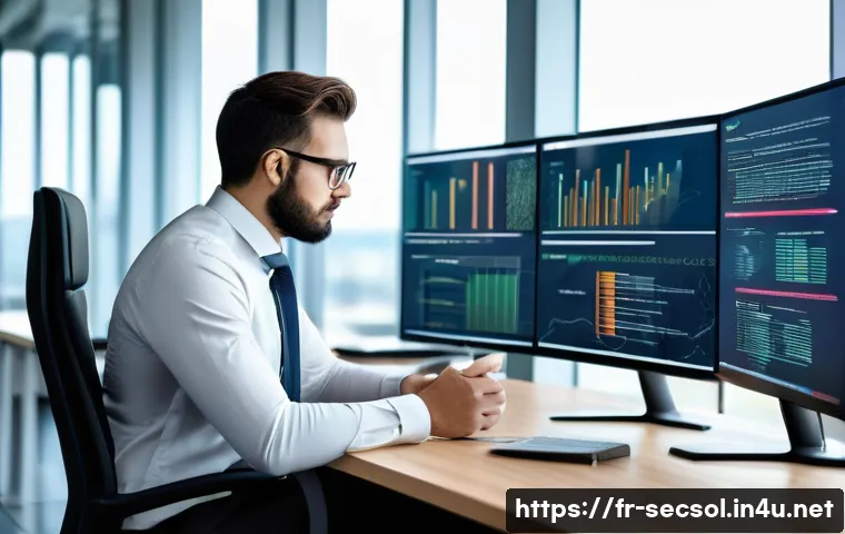 보안 컨설팅 취업 시 자주 받는 질문 - A professional cybersecurity consultant in a modern office environment, analyzing detailed vulnerabi...