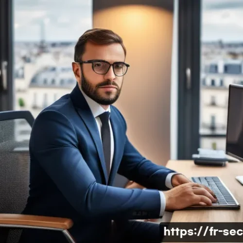 Home 32 보안 컨설팅 연봉 협상 팁 - A professional French cybersecurity specialist in a modern Parisian office setting, wearing smart bu...