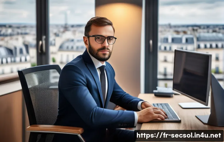 보안 컨설팅 연봉 협상 팁 - A professional French cybersecurity specialist in a modern Parisian office setting, wearing smart bu...
