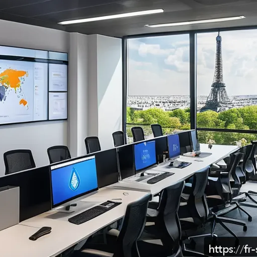 보안솔루션 ROI 분석 방법 - A modern corporate office setting in Paris, featuring a diverse team of cybersecurity professionals ...