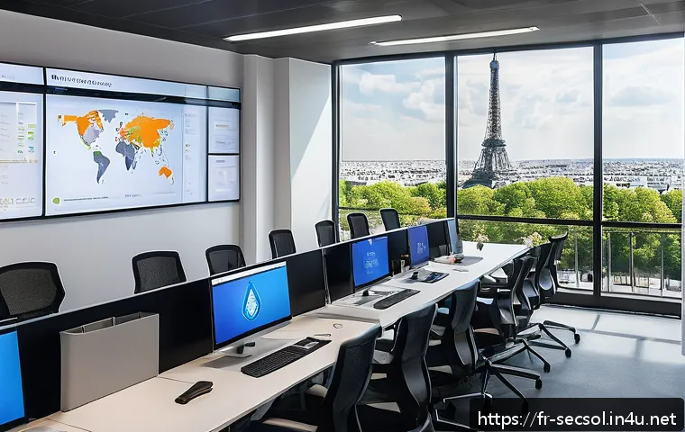 보안솔루션 ROI 분석 방법 - A modern corporate office setting in Paris, featuring a diverse team of cybersecurity professionals ...