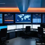 Home 23 보안솔루션 기술 스택과 적용 사례 - A high-tech cybersecurity control room in a modern French office building at night, featuring multip...