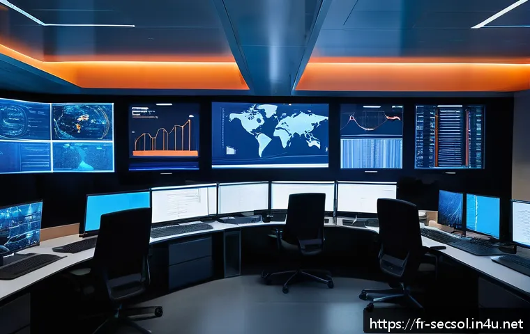 보안솔루션 기술 스택과 적용 사례 - A high-tech cybersecurity control room in a modern French office building at night, featuring multip...